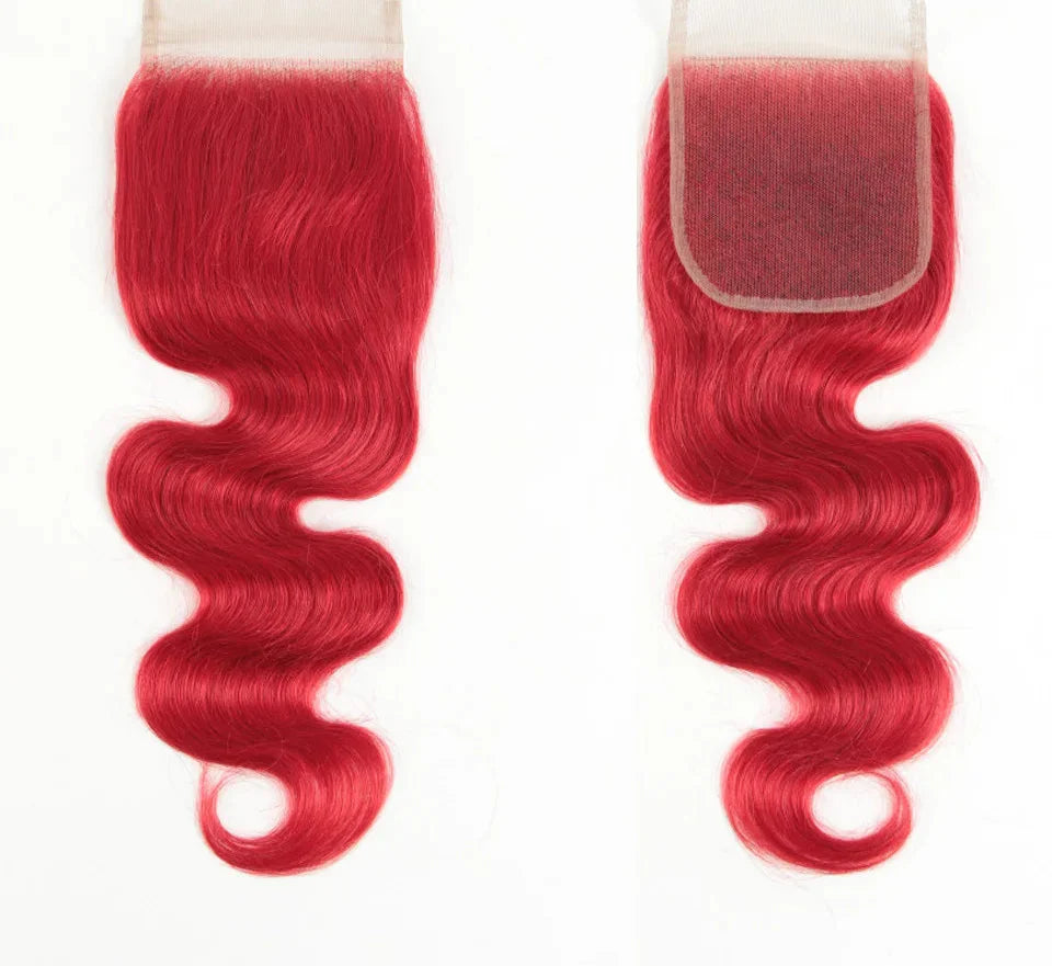 180% Density Red Straight 4x4 Lace Closure | 100% Brazilian Human Hair (Pre-Plucked, Transparent Swiss Lace)